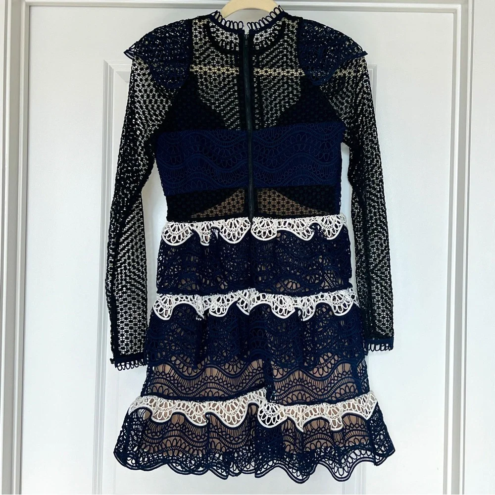 Self-Portrait Wave Guipure Mini Dress Navy US Size 4 - Picture 5 of 10